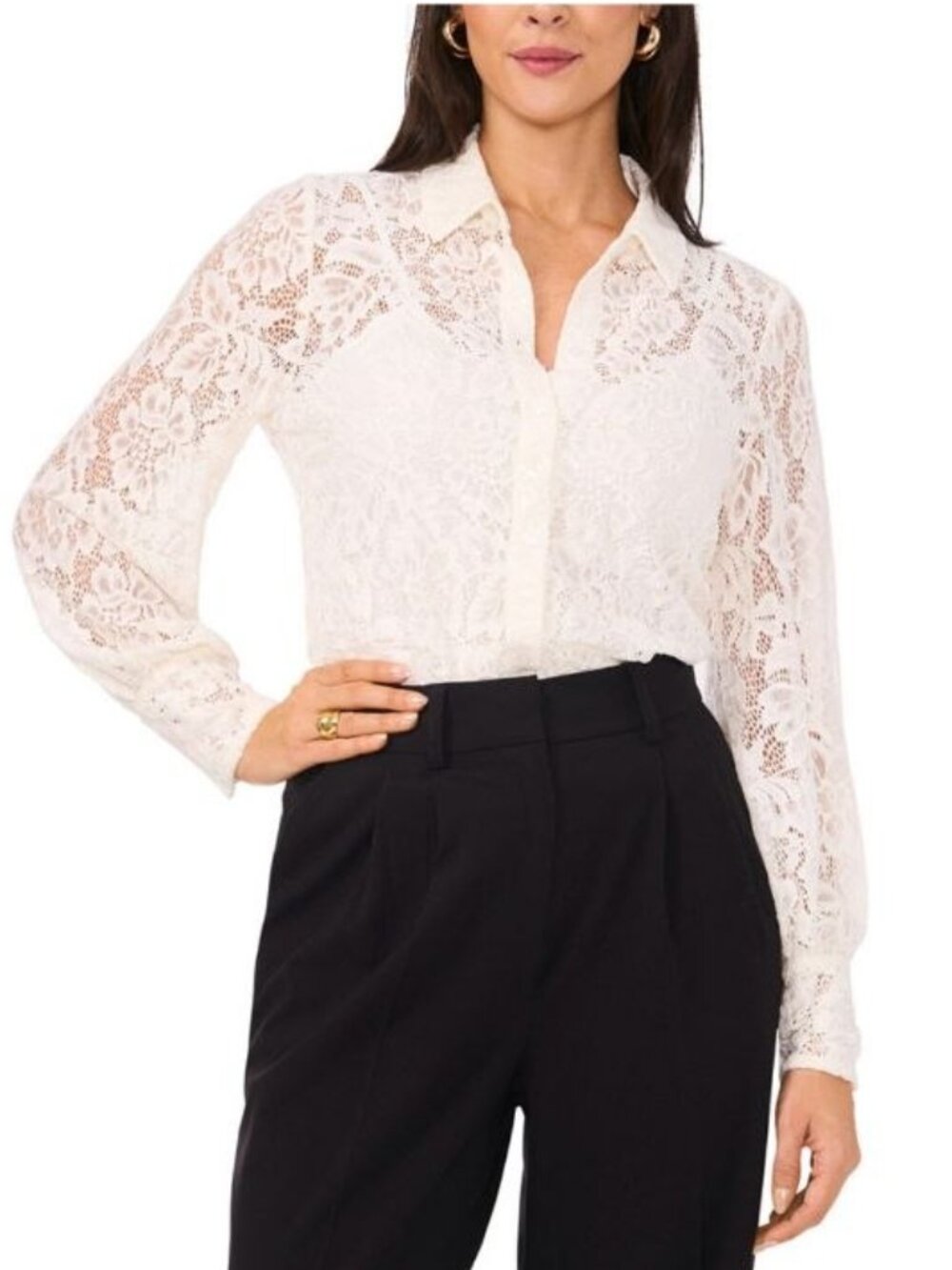 $109 Vince Camuto Women's Lace-Overlay Button-Down Top New Ivory Size L